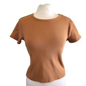 House of Harlow 1960 Burnt Orange Ribbed Stretch Short Sleeve Fitted Shirt S